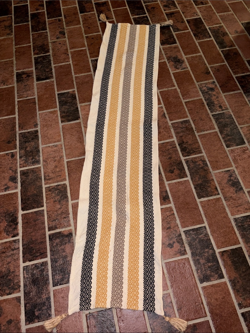 Handwoven Cream, Mustard, Taupe  & Dark Charcoal Gray 60” Stripe Table Runner